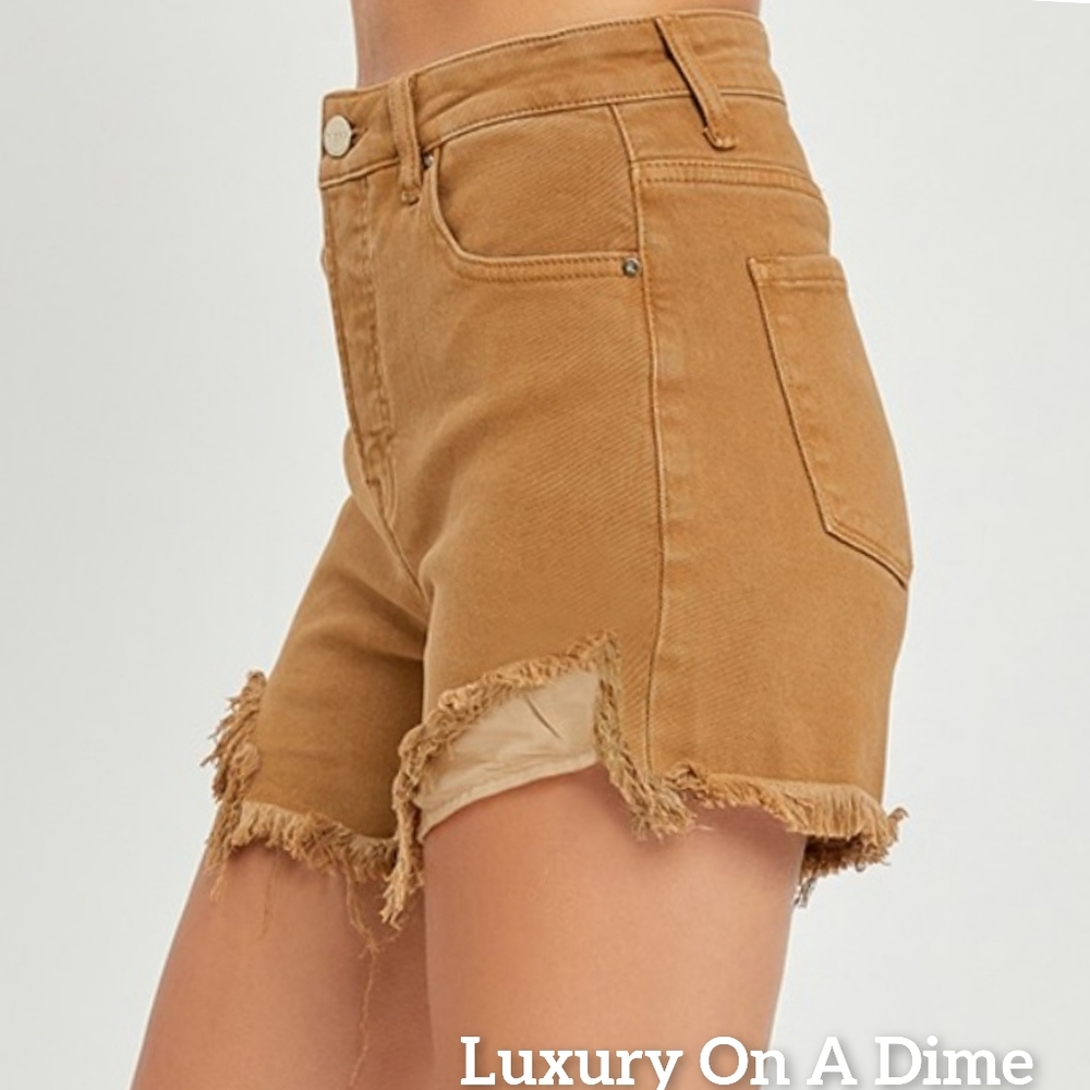 RISEN Cutoff High Rise Waist Distressed Moca Denim Frayed Mid-length Jean Shorts - Picture 3 of 16